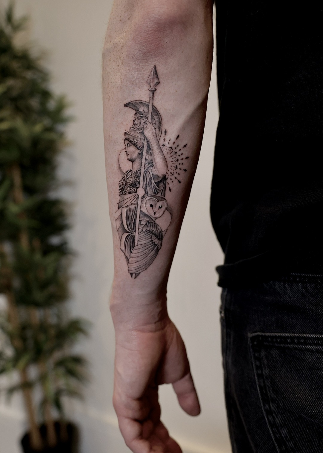 Athena with owl and spear forearm tattoo, black and grey by Matt Roe, Kensington London