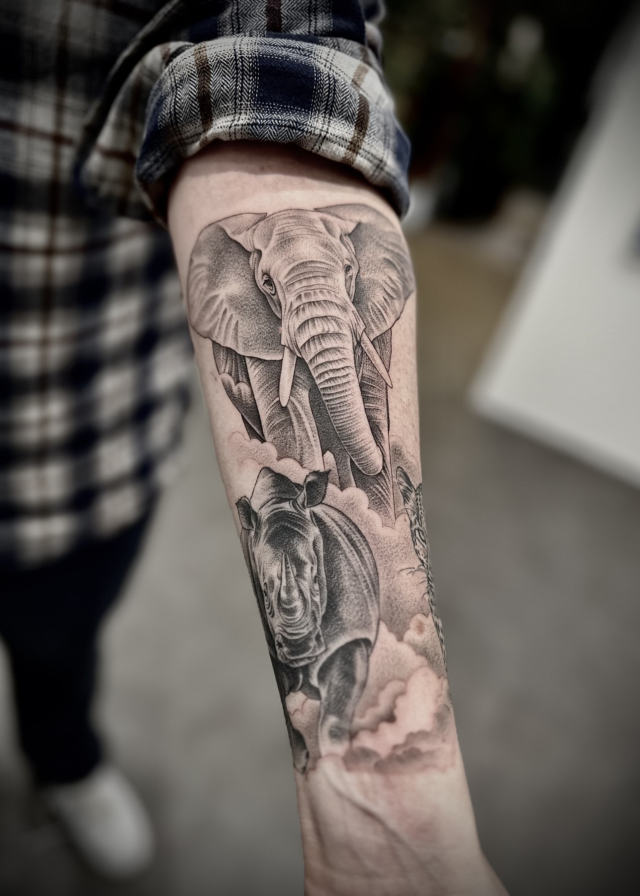 Elephant and rhino forearm sleeve, black and grey by Matt Roe, Kensington London