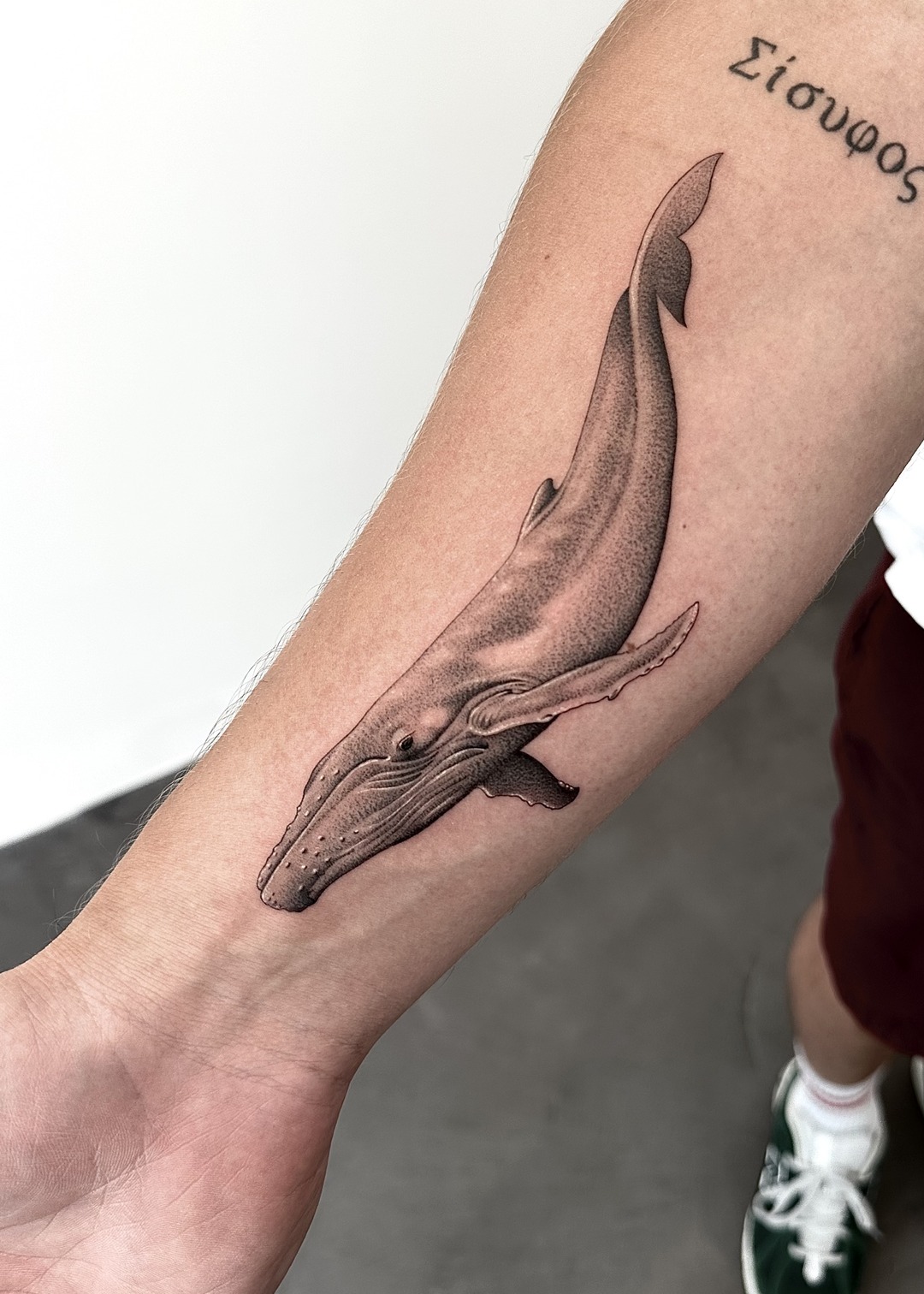 Humpback whale forearm tattoo, black and grey by Matt Roe, Kensington London