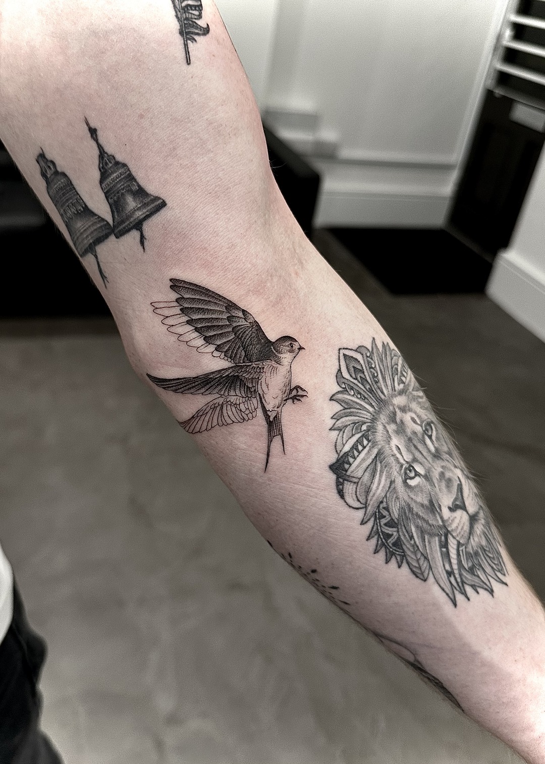 Patchwork swallow lion and bells forearm tattoo, black and grey by Matt Roe, Kensington London