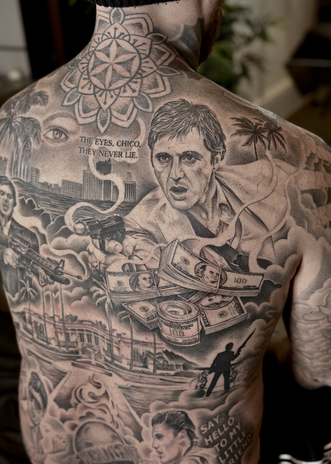 Scarface full back piece tattoo, black and grey by Matt Roe, Kensington London