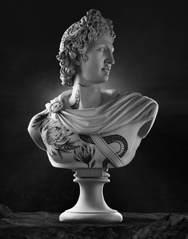 Tattooed Apollo bust with snake and chrysanthemum by Matt Roe